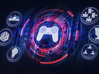 Alt text: Interface digital futurista com um controle de videogame no centro, representando elementos de gamificação. 
