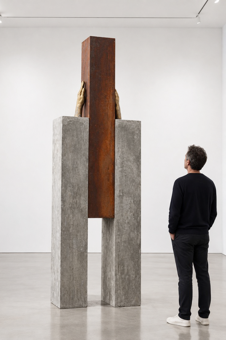 Antonio Bokel, Levante, 2026, cimento, bronze e aço corten, 280 x 90 x 50 cm